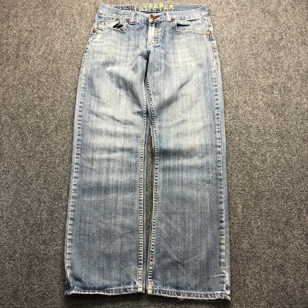 Y2K Mens Blue Denim Embroidered Cross Relaxed Straight Leg Jeans 32x32